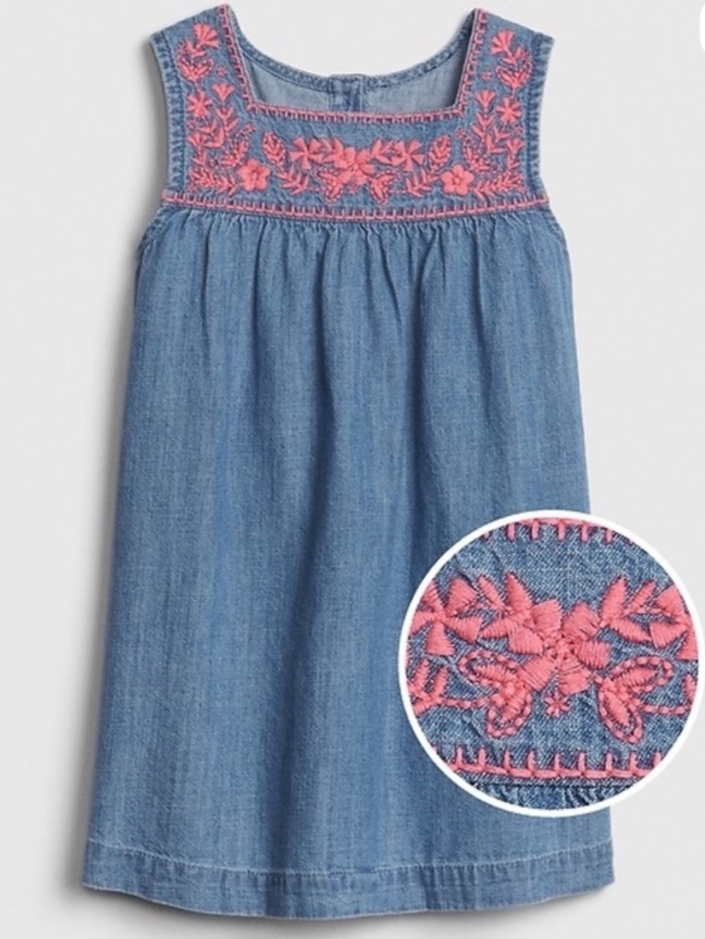 GAP Blue Denim Chambray Pink Floral Embroidery Sleeveless Little Girls Dress